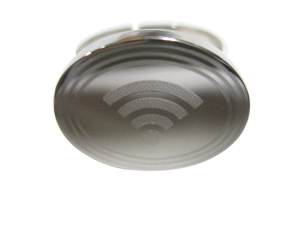 Silver Toned Etched Oval Wifi Symbol Adjustable Size Fashion Ring