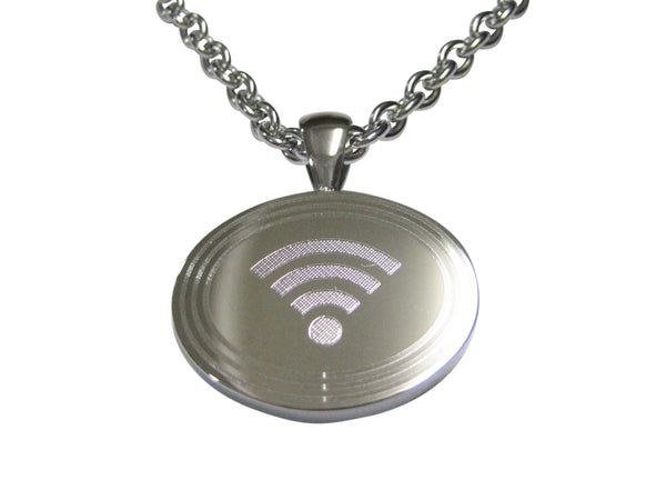 Silver Toned Etched Oval Wifi Symbol Pendant Necklace