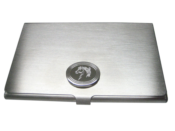 Silver Toned Etched Oval Wild Horse Head Business Card Holder