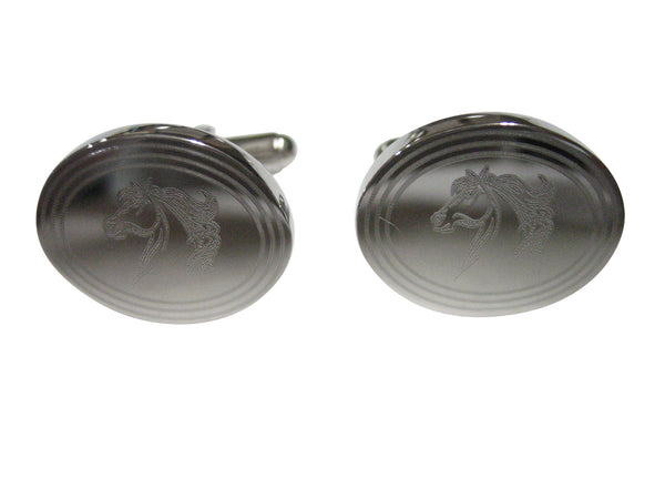 Silver Toned Etched Oval Wild Horse Head Cufflinks
