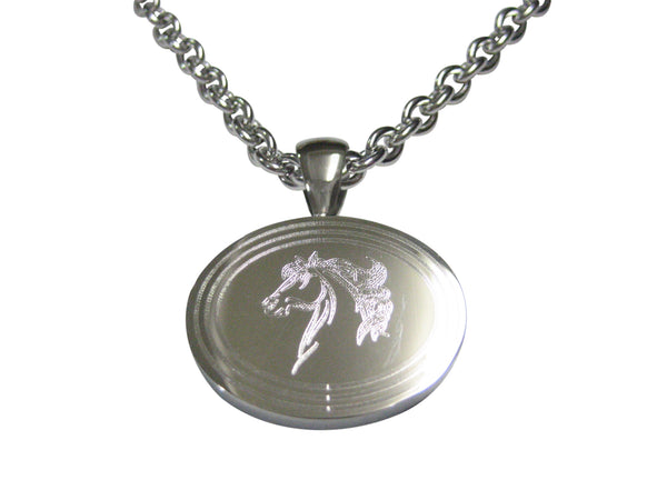 Silver Toned Etched Oval Wild Horse Head Pendant Necklace