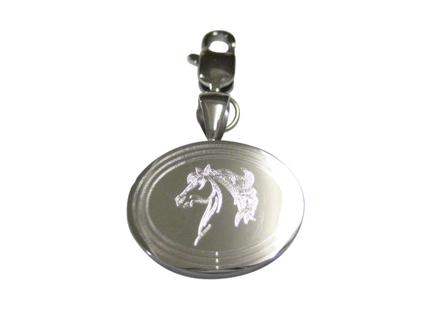 Silver Toned Etched Oval Wild Horse Head Pendant Zipper Pull Charm