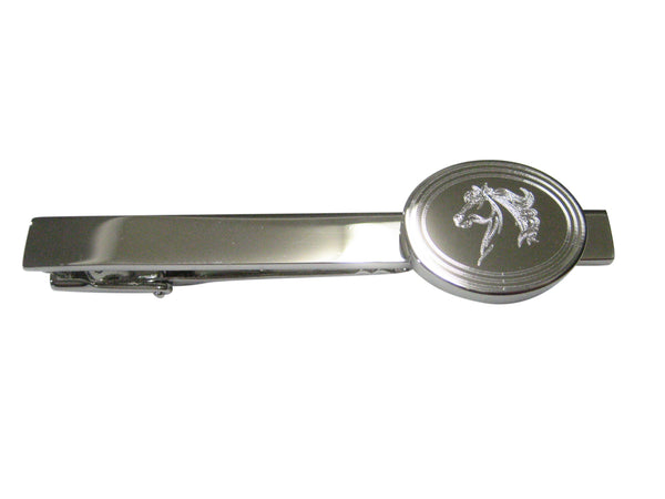 Silver Toned Etched Oval Wild Horse Head Tie Clip