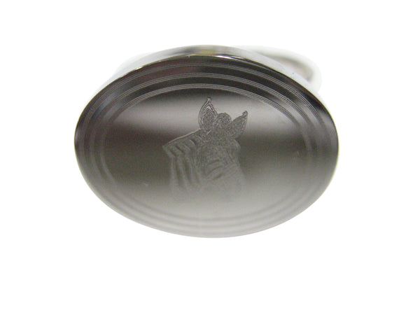 Silver Toned Etched Oval Zebra Head Adjustable Size Fashion Ring
