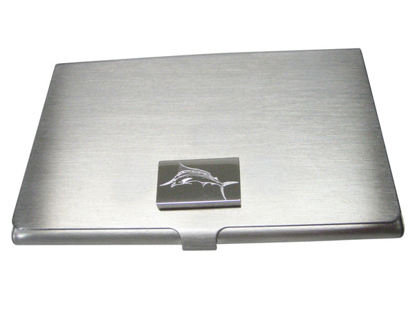 Silver Toned Etched Rectangular Etched Sailfish Marlin Fish Business Card Holder