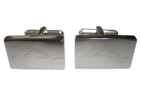 Silver Toned Etched Rectangular Etched Sailfish Marlin Fish Cufflinks