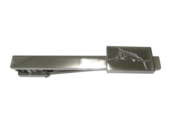 Silver Toned Etched Rectangular Etched Sailfish Marlin Fish Tie Clip