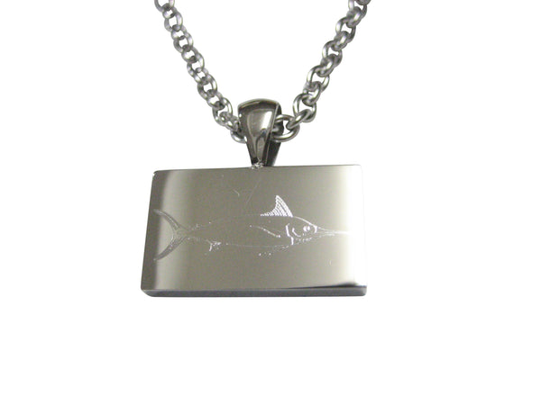 Silver Toned Etched Rectangular Marlin Sailfish Pendant Necklace