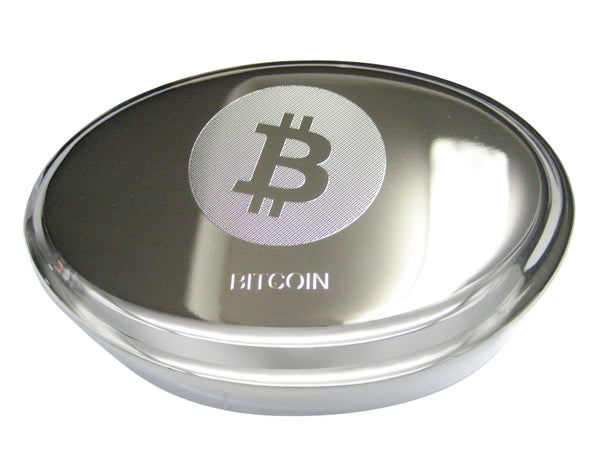 Silver Toned Etched Sleek Bitcoin Coin Cryptocurrency Blockchain Oval Trinket Jewelry Box