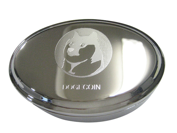 Silver Toned Etched Sleek Doge Coin Cryptocurrency Blockchain With Shiba Dog Oval Trinket Jewelry Box