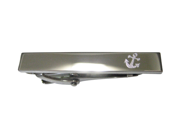 Silver Toned Etched Sleek Leaning Nautical Anchor Skinny Tie Clip