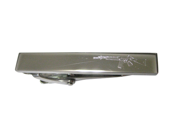 Silver Toned Etched Sleek Left Facing AK47 Rifle Skinny Tie Clip