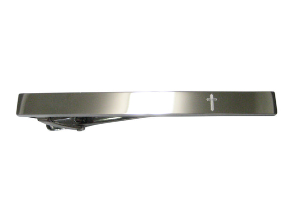 Silver Toned Etched Sleek Lined Religious Cross Tie Clip
