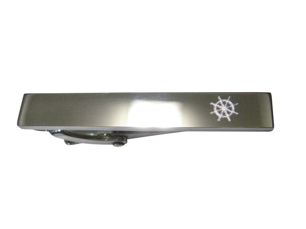 Silver Toned Etched Sleek Nautical Helm Skinny Tie Clip