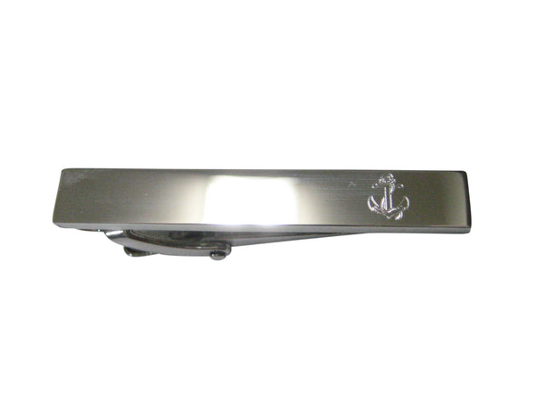 Silver Toned Etched Sleek Nautical Roped Anchor Skinny Tie Clip
