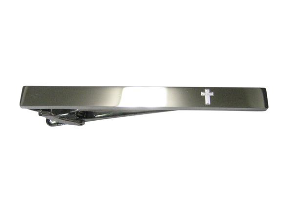 Silver Toned Etched Sleek Religious Cross Tie Clip