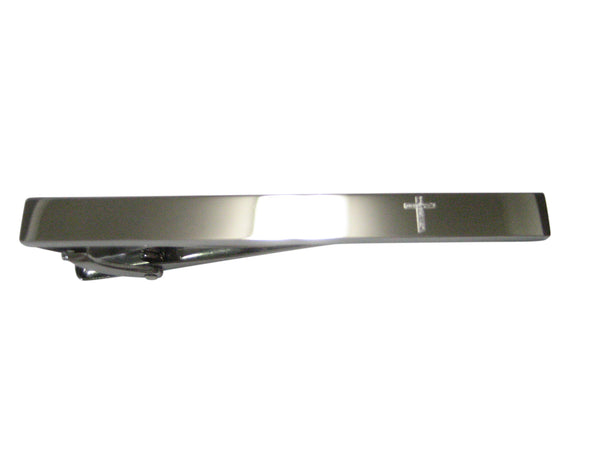 Silver Toned Etched Sleek Religious Crucifix Cross Tie Clip