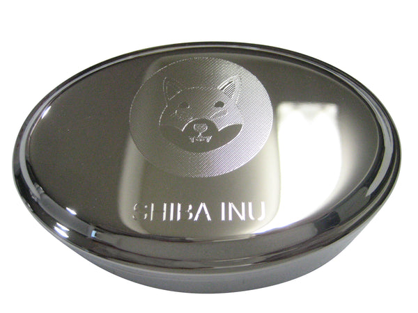 Silver Toned Etched Sleek Shiba Inu Coin SHIB Cryptocurrency Blockchain Oval Trinket Jewelry Box