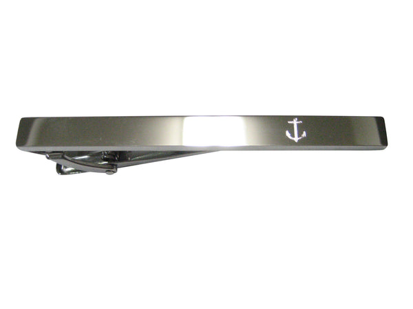 Silver Toned Etched Sleek Skinny Nautical Anchor Tie Clip