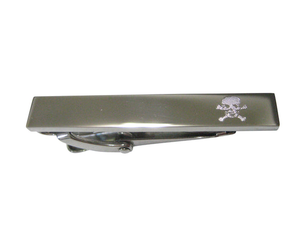 Silver Toned Etched Sleek Skull and Crossbones Skinny Tie Clip