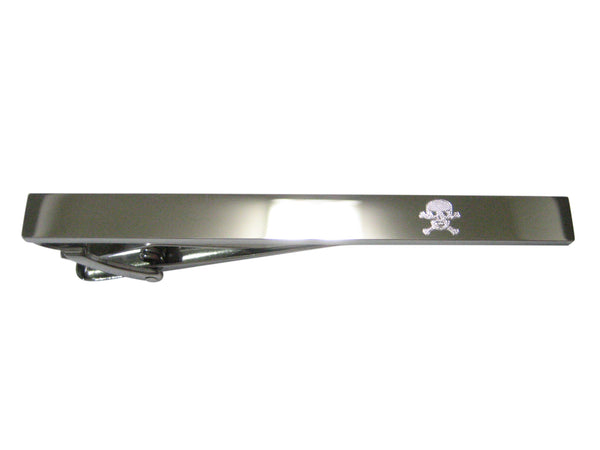 Silver Toned Etched Sleek Skull and Crossbones Tie Clip