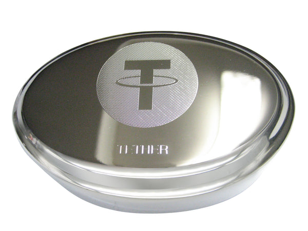 Silver Toned Etched Sleek Tether Coin Cryptocurrency Blockchain Oval Trinket Jewelry Box