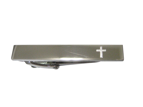 Silver Toned Etched Sleek Thick Religious Cross Skinny Tie Clip