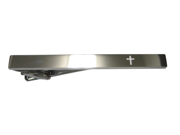 Silver Toned Etched Sleek Thick Religious Cross Tie Clip