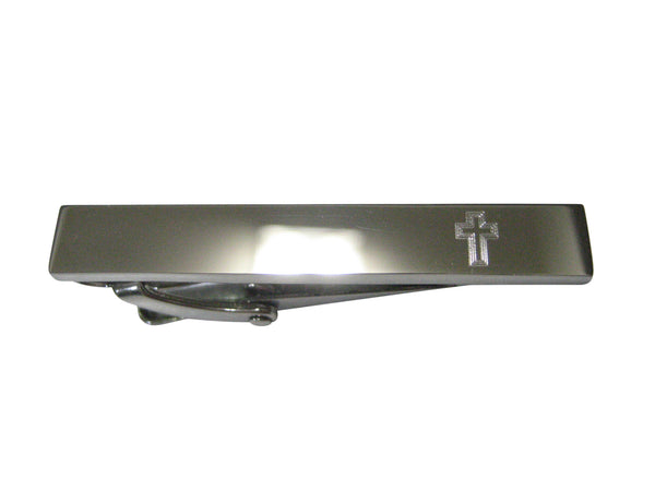 Silver Toned Etched Sleek Triple Religious Cross Skinny Tie Clip