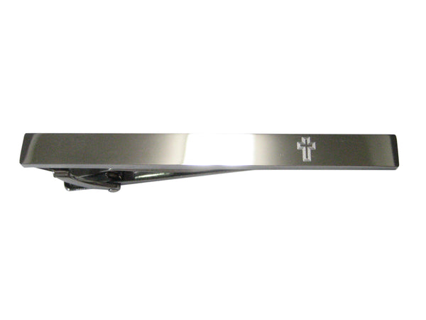 Silver Toned Etched Sleek Triple Religious Cross Tie Clip