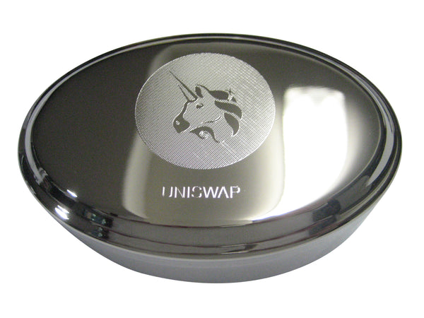 Silver Toned Etched Sleek Uniswap Coin Cryptocurrency Blockchain Oval Trinket Jewelry Box