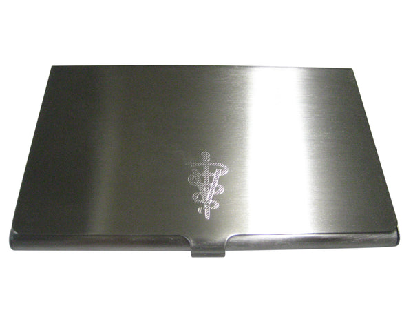 Silver Toned Etched Sleek Veterinary Caduceus Symbol Business Card Holder