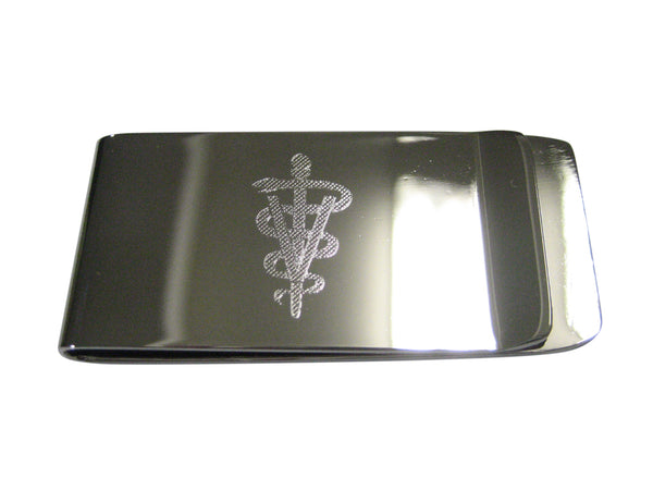 Silver Toned Etched Sleek Veterinary Caduceus Symbol Money Clip