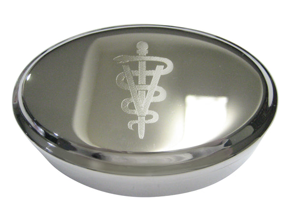 Silver Toned Etched Sleek Veterinary Caduceus Symbol Oval Trinket Jewelry Box