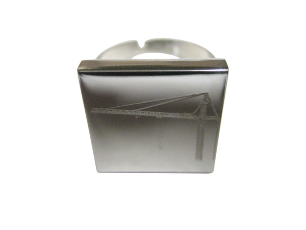 Silver Toned Etched Square Construction Crane Adjustable Size Fashion Ring