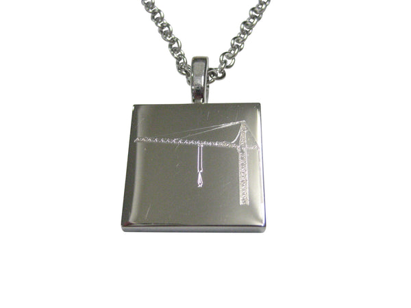 Silver Toned Etched Square Construction Crane Pendant Necklace