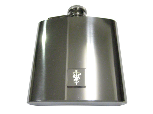 Silver Toned Etched Veterinary Caduceus Symbol 6oz Flask