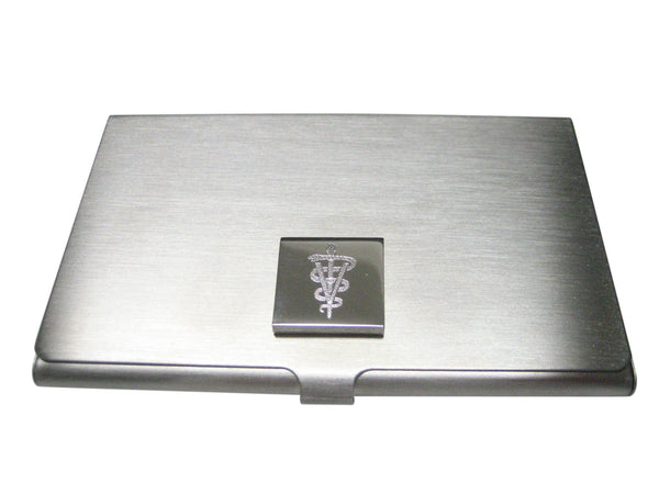 Silver Toned Etched Veterinary Caduceus Symbol Business Card Holder
