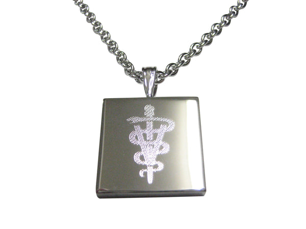 Silver Toned Etched Veterinary Caduceus Symbol Pendant Necklace