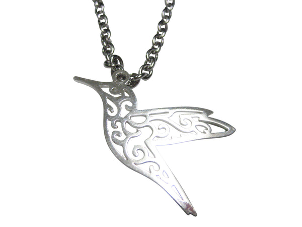 Silver Toned Flying Hummingbird Outline Pendant Necklace