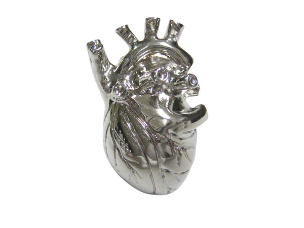 Silver Toned Large Anatomical Heart Adjustable Size Fashion Ring