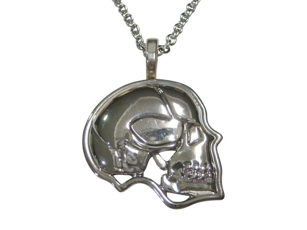 Silver Toned Large Anatomy Skull Pendant Necklace