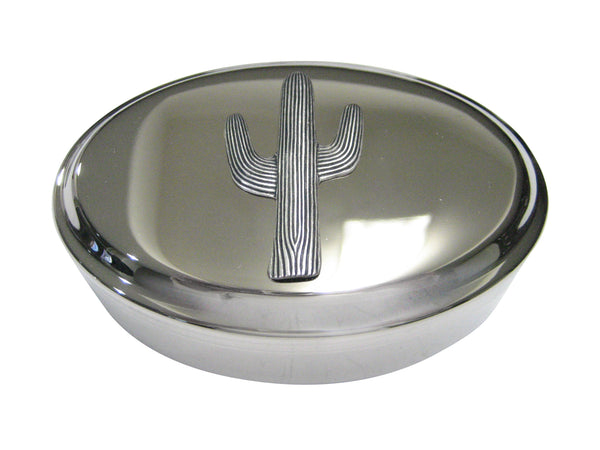 Silver Toned Large Cactus Plant Oval Trinket Jewelry Box