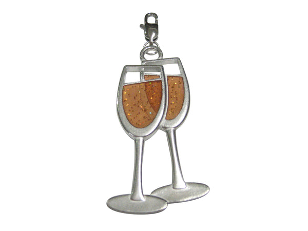 Silver Toned Large Champagne Sparking Wine Cocktail Glasses Pendant Zipper Pull Charm