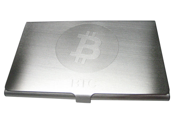 Silver Toned Large Etched Sleek Bitcoin Coin Cryptocurrency Blockchain Business Card Holder
