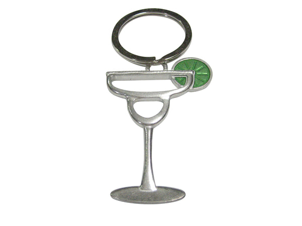 Silver Toned Large Margarita Cocktail Glass With Lime Pendant Keychain