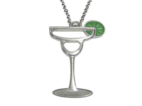 Silver Toned Large Margarita Cocktail Glass With Lime Pendant Necklace