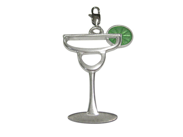 Silver Toned Large Margarita Cocktail Glass With Lime Pendant Zipper Pull Charm