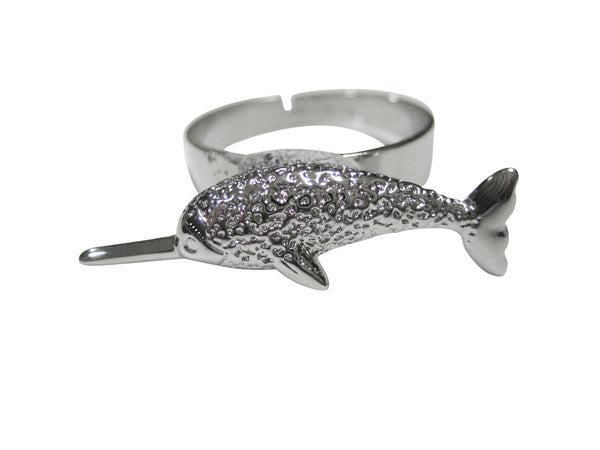 Silver Toned Narwhal Narwhale Whale Adjustable Size Ring