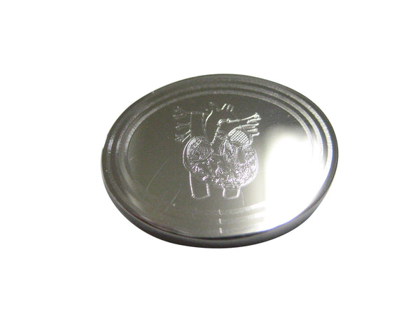 Silver Toned Oval Etched Anatomical Heart Magnet